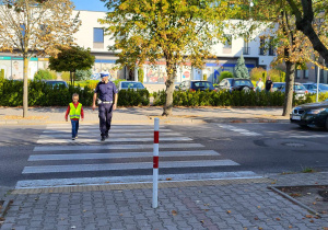 Ochotnik prezentujący właściwe zachowanie podczas przejścia przez ulicę